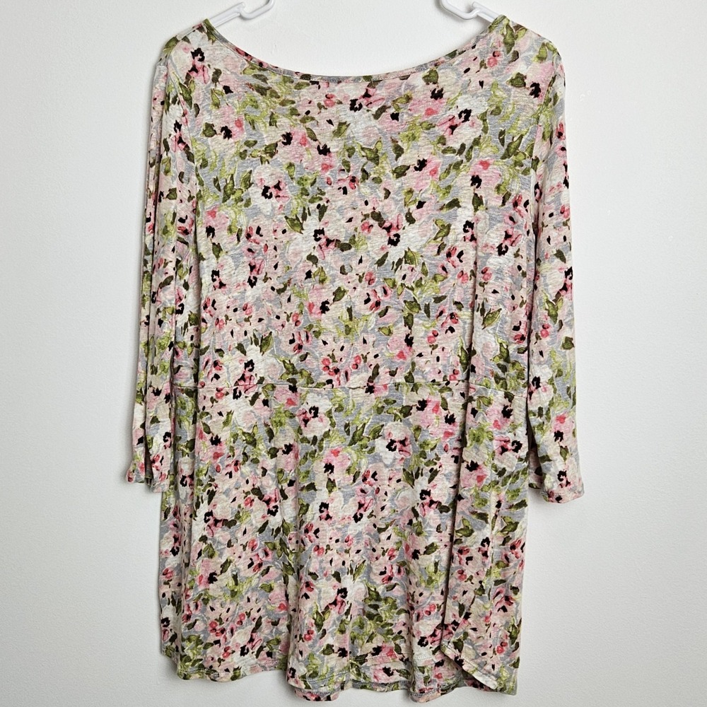 J Jill Love Linen Blouse Size PETITE M Keyhole‎ Tie Back Drop Waist Knit Floral